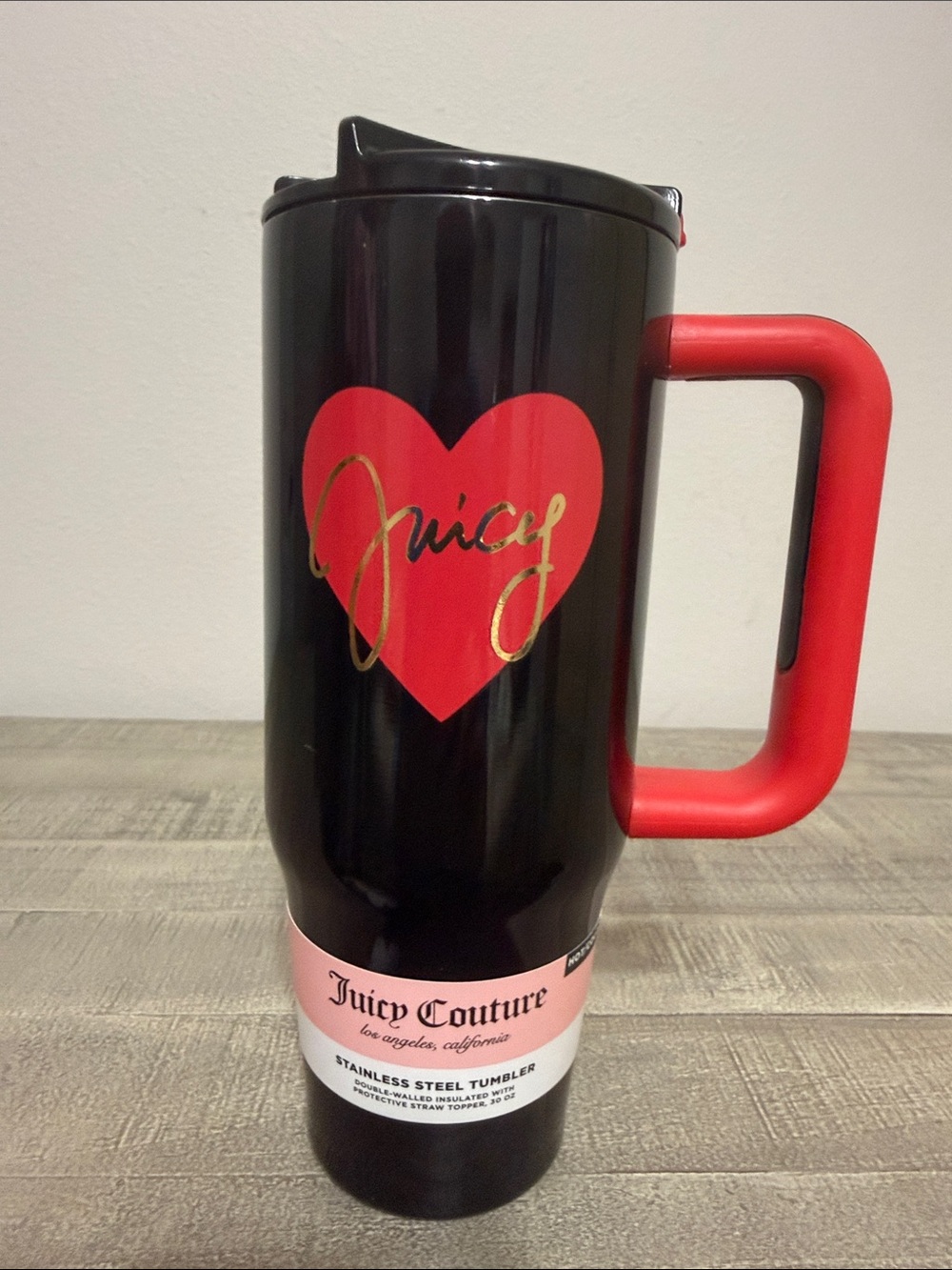 Juicy Couture Black & Red Travel Mug with Gold Script Heart